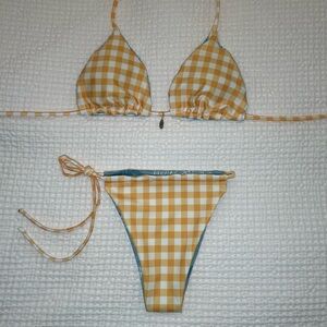 Handmade yellow gingham and blue island reversible bikini set
